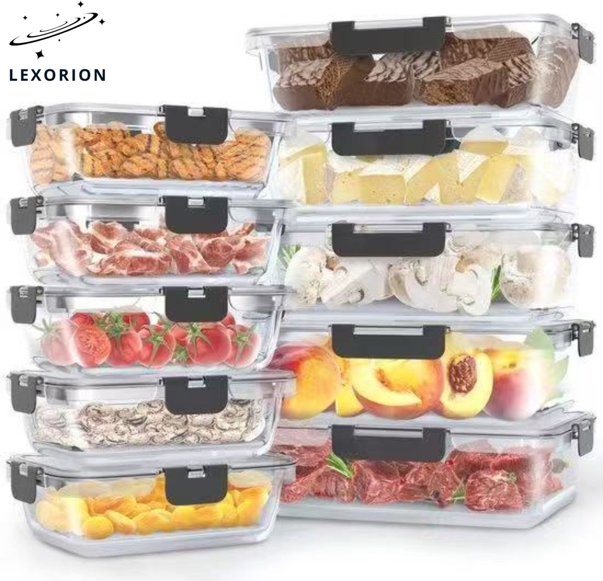 Lexorion Glazen Vershoudbakjes Set 10-delig – 5x 1060ML & 5x 370ML – Luchtdicht – BPA-vrij – Geschikt voor Oven, Magnetron & Vriezer – Grijs