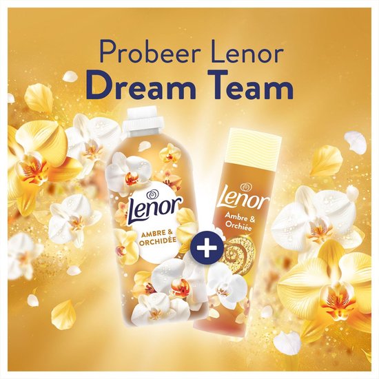 Bouteille de Lenor et flacon Ambre & Orchidée. "Essayez l'équipe de rêve Lenor"