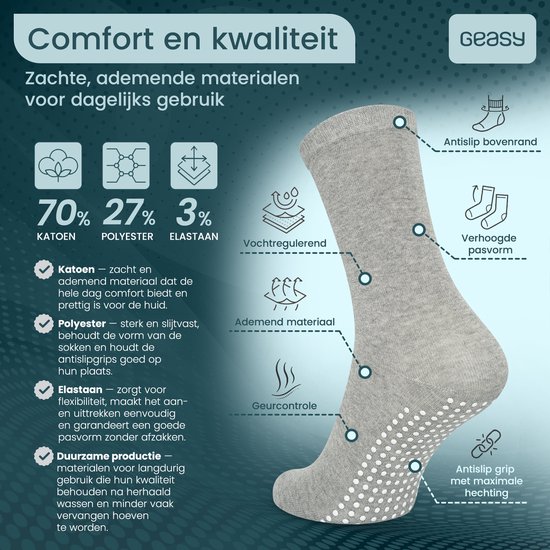 Grijze antislip sok met gedetailleerde beschrijving van materiaal en eigenschappen.