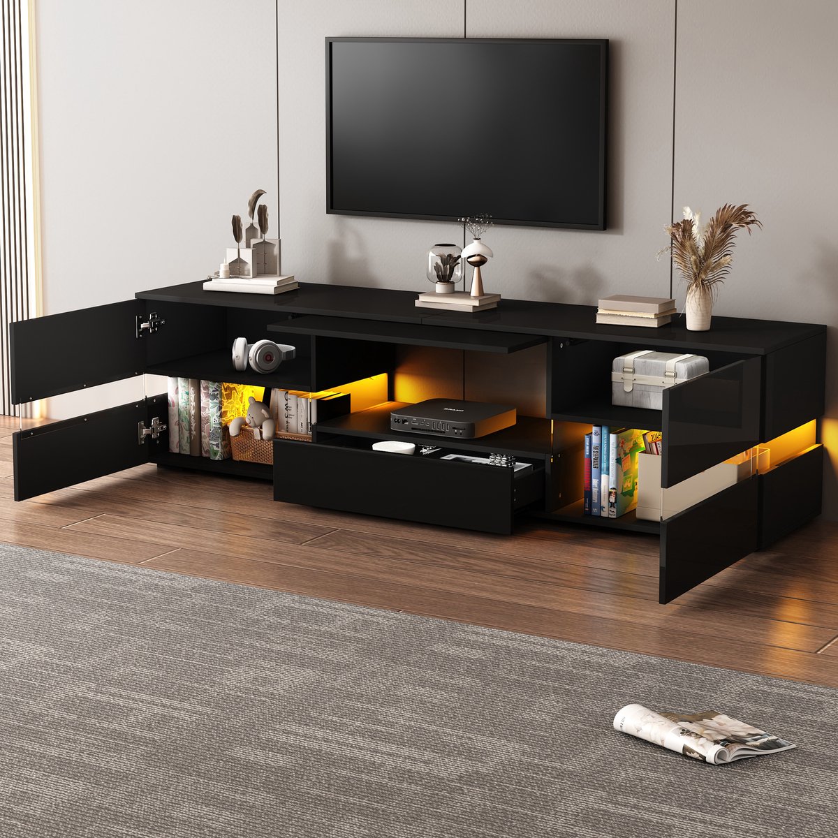 Wishdor Tv-Meubel - Hoogglans Voorzijde - Met Ledverlichting - Drukopeningssysteem - Spaanplaat - Zwart - 160 X 39 X 45 Cm