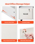 Details van de witte archiefkast: soepele metalen rails, afsluitbaar, retro houtnerf paneel en verstelbare stangen.