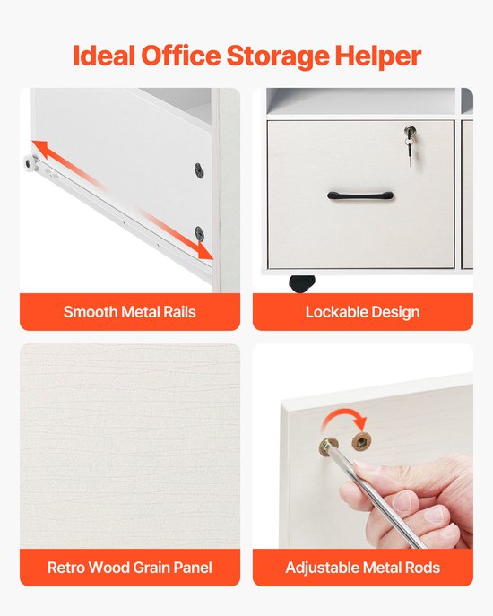 Details van de witte archiefkast: soepele metalen rails, afsluitbaar, retro houtnerf paneel en verstelbare stangen.