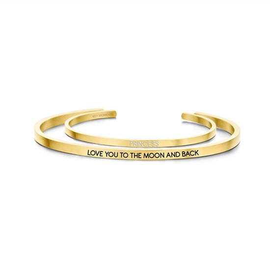 Cadeau voor haar Key Moments 8KM SET001 Stalen Open Bangles met Tekst - Love You to The Moon and Back en Princess - Maat S en M - Cadeau voor haar - Goudkleurig