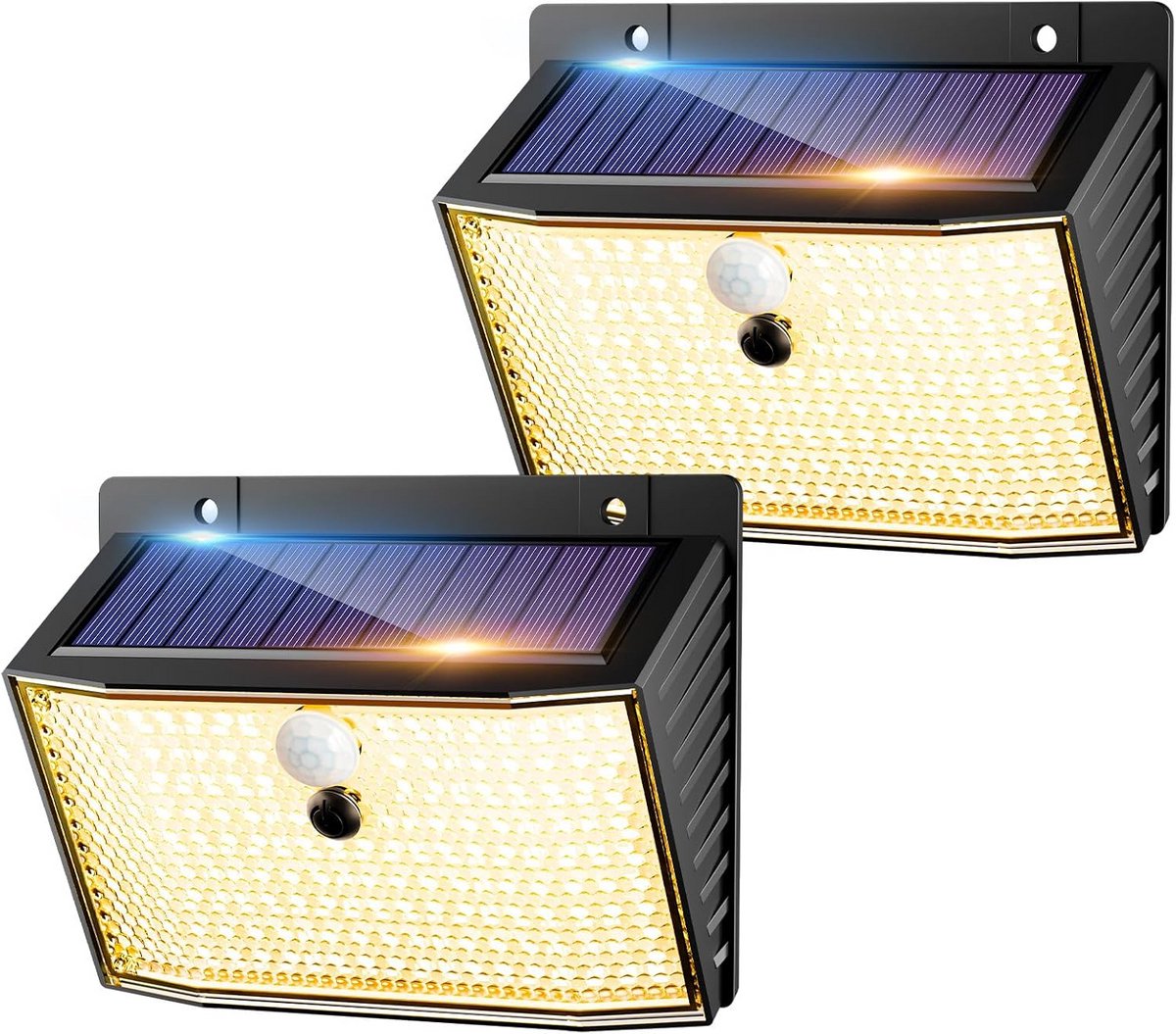 Warmwitte Zonnelamp met Bewegingsmelder - 2 Stuks, 168 LEDs, 3 Modi, IP65 Waterdicht voor Buiten en Tuin