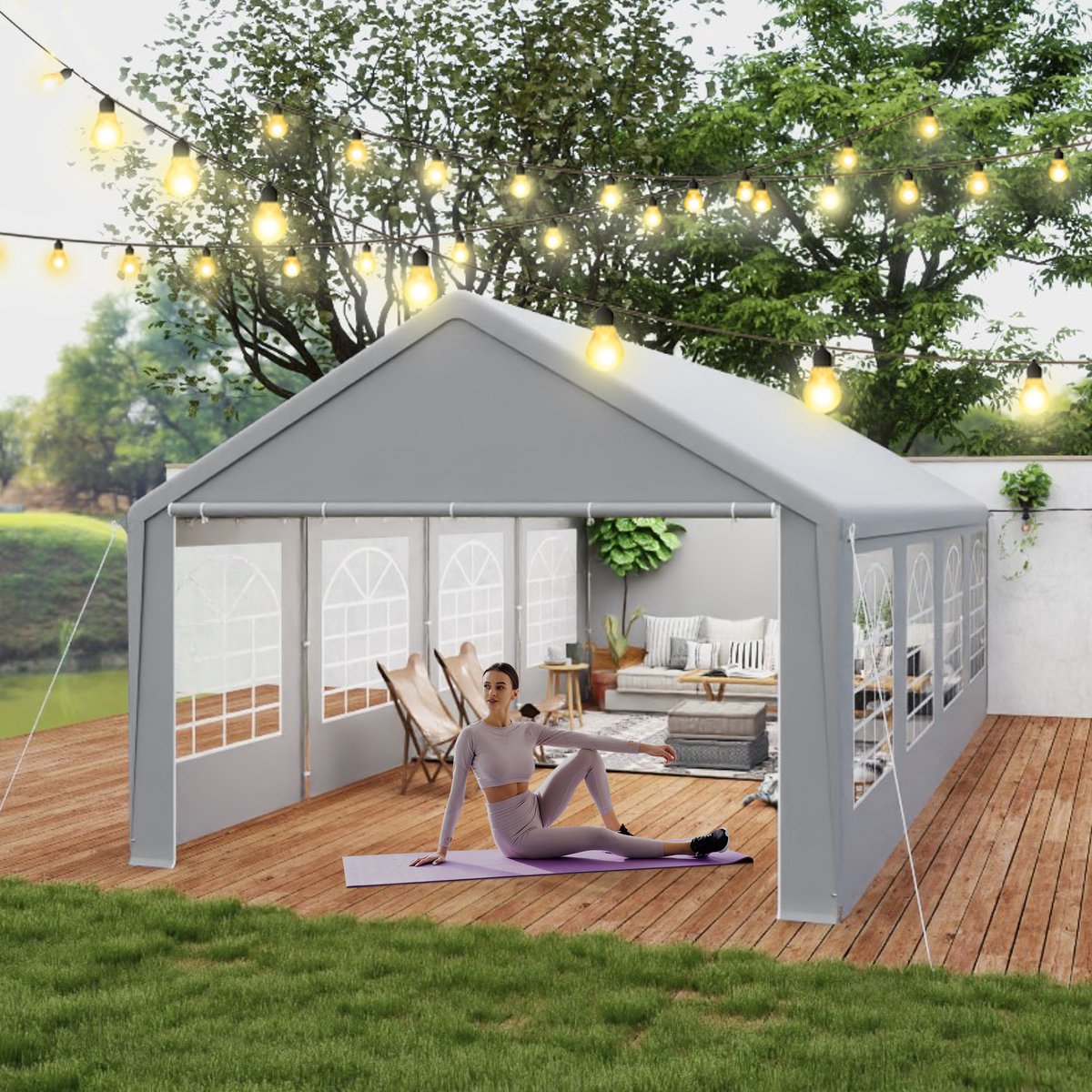 Aufun Paviljoen 4x8m - Grijs - Metaal Tuinpaviljoen Met Zijpanelen, Partytent Tuintent voor Feest, Marktkraam & Buiten Camping