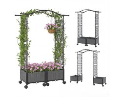 COSTWAY Bloembak met klimrek en hangend dak, 2-in-1 rozenboog met 2 plantenbakken, tuinboog op wielen, metaal en PP, klimrek voor klimplanten, tuinrek(Grijs)