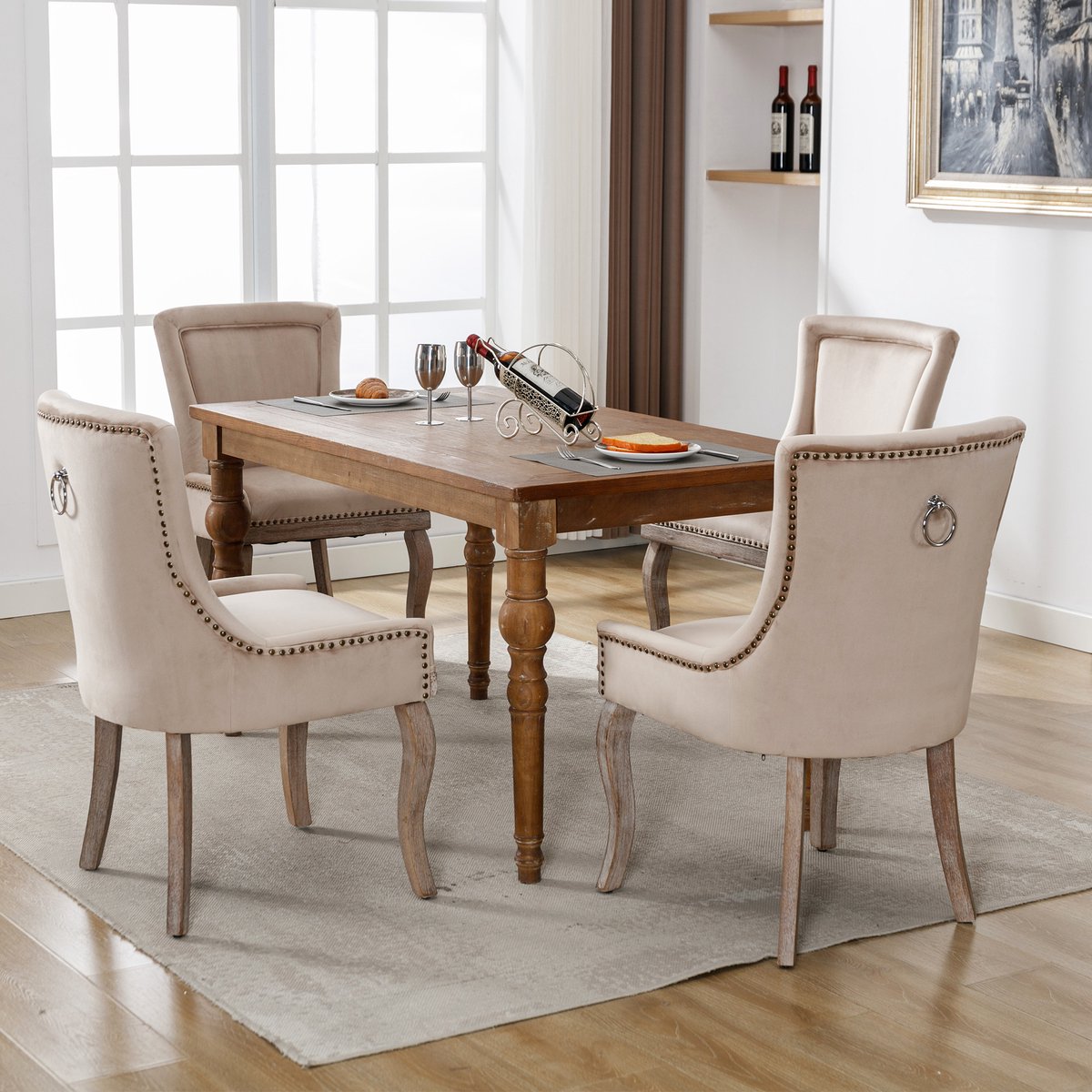 MODFU Eetkamerstoel set van 4, fluweel, massief houten frame, gestoffeerd, beige