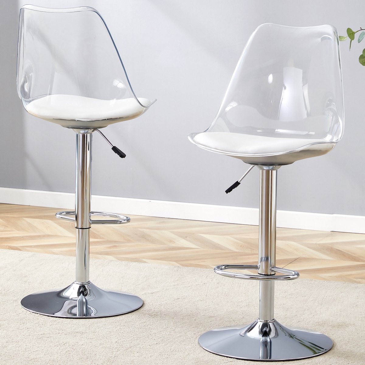 MODFU Barkruk set van 2 - Verstelbaar (60-80 cm) & 360° Draaibaar - Met transparante kunststof rugleuning en PU zitting - Modern design voor kookeiland of thuisbar - Wit/Zilver Zilver + transparant