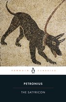 Boekomslag van 'The Satyricon' door Petronius. Een mozaïek van een zwarte hond met halsband tegen een crèmekleurige achtergrond. De titel en uitgever 'Penguin Classics' staan onderaan.