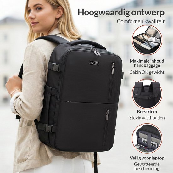 Vrouw met blonde haren draagt een zwarte NOHRD rugzak. Close-ups tonen het interieur met laptopvak, de borstband en het "Cabin OK" gewicht.
