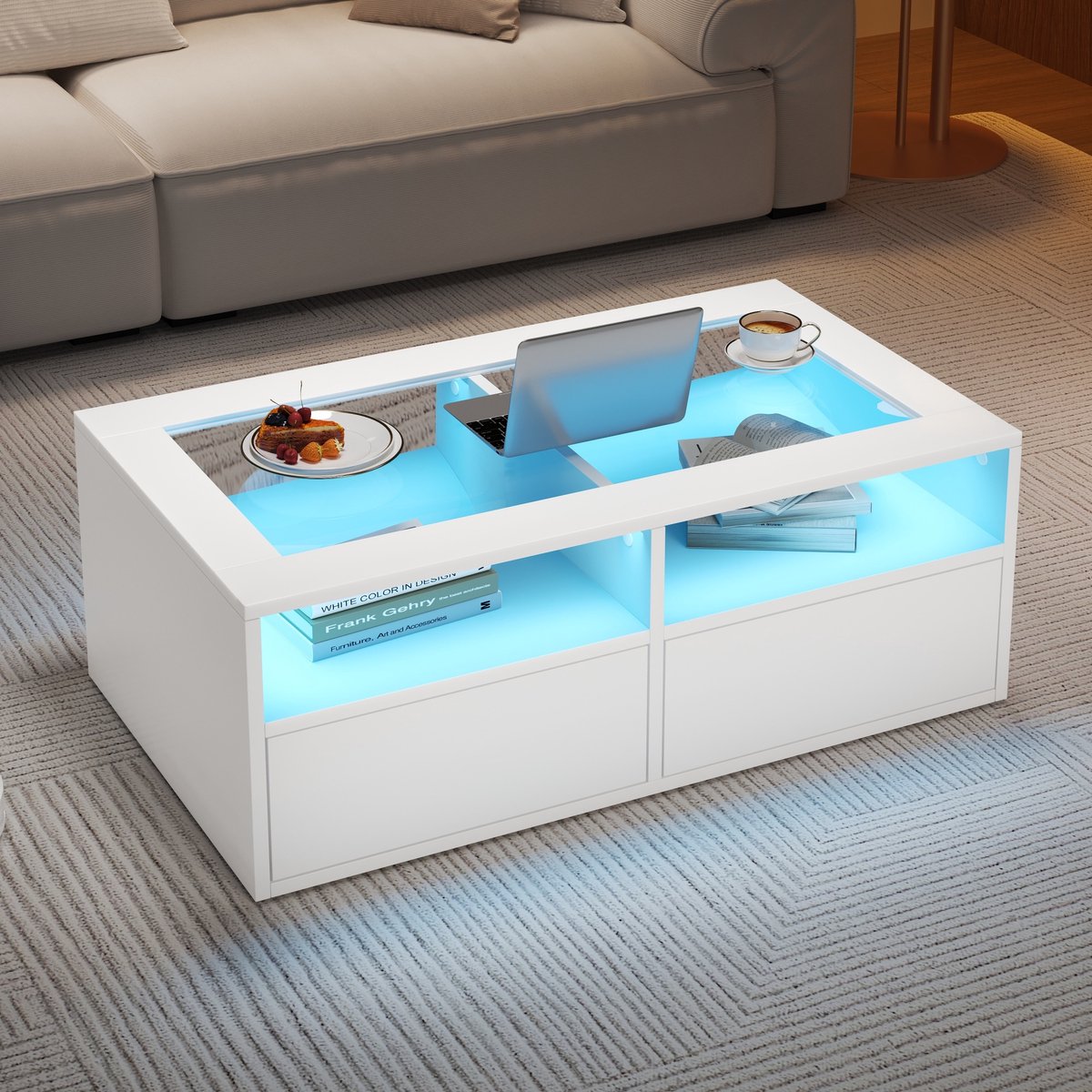 REDOM Salontafel 100x50x35 cm van glas en spaanplaat, met LED en 2 lades Wit