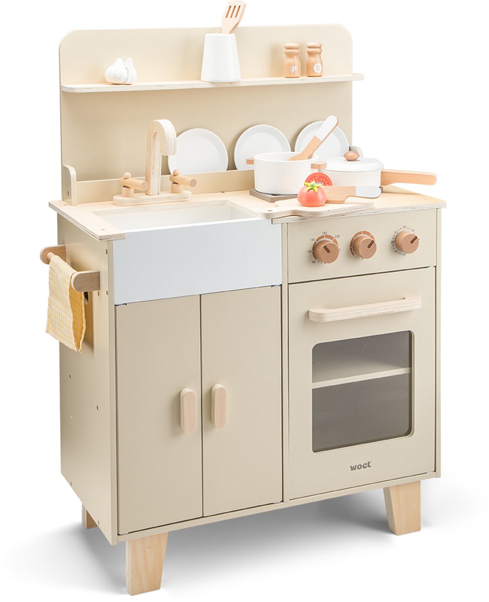 Woet® Houten Speelgoed Kinderkeuken Beige - Speelkeukentje met Pannen, Servies, Groente en Snijplank - Houten Speelkeuken - Werkbladhoogte 55 cm - Rollenspel - Vanaf 3 Jaar — afbeelding 2
