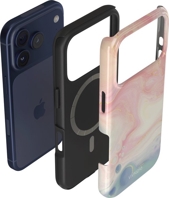 Gelaagd telefoonhoesje met bubble swirl print: donkerblauwe iPhone, zwarte siliconen backcover en harde schaal met roze, witte, blauwe, groene en gouden print.
