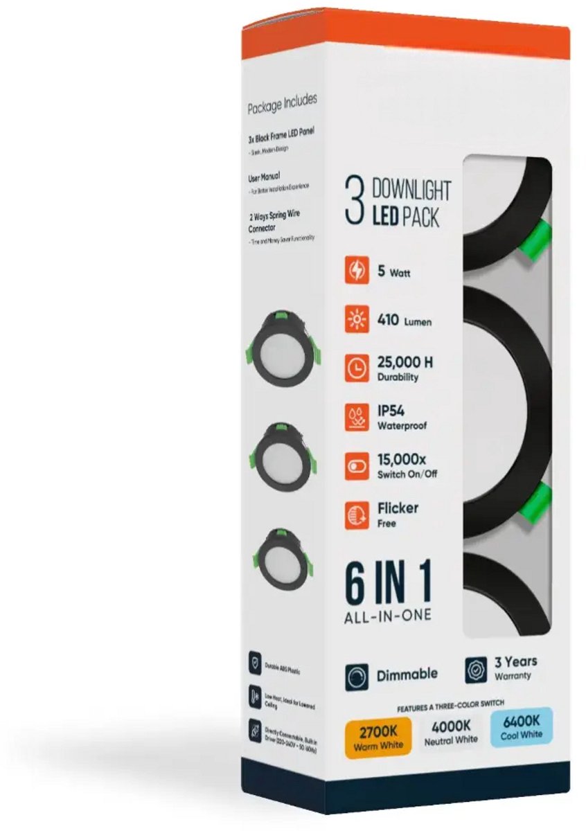 LDS - LED inbouwlamp - 5W - Aanpasbare Kleur CCT - 2700K/4000K/6400K - 410 Lumen - DIMBAAR - Rond - Mat Zwart - Buiten Diameter 85 mm - Set van 3 inbouwlamp - IP54 - Badkamer - Woonkamer - Keuken