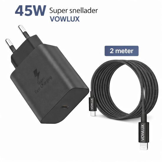 Chargeur rapide noir 45W VOWLUX avec câble tressé de 2 mètres (USB-C vers Lightning).