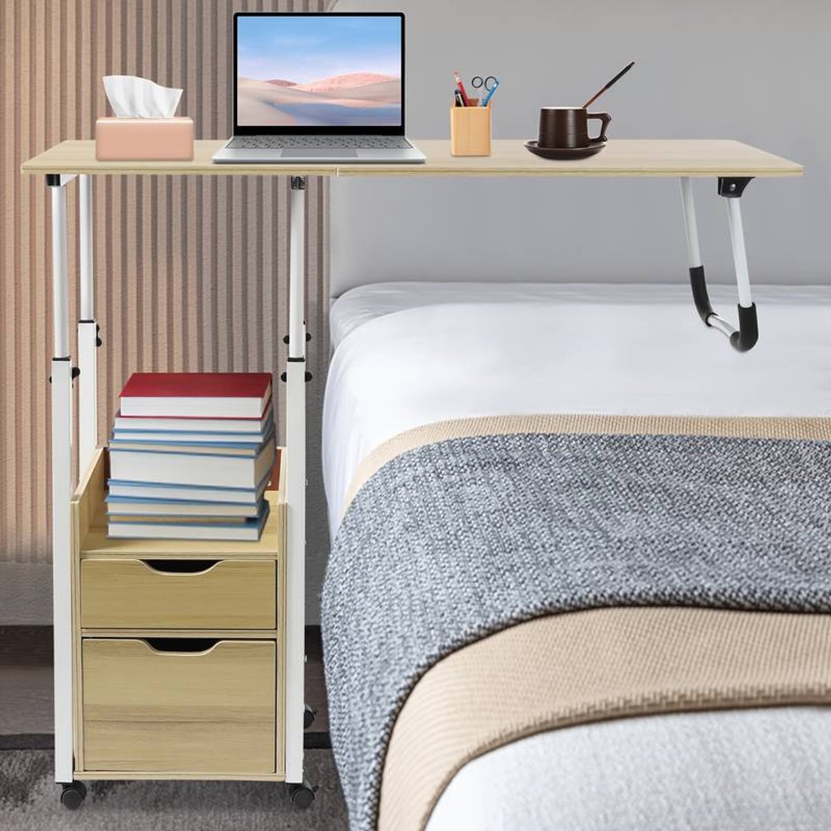 Verstelbare Bedtafel met Wieltjes – Overbed Bureau 69-89 cm – Wit Hardhout – Verrijdbaar Nachtkastje – Gemonteerd