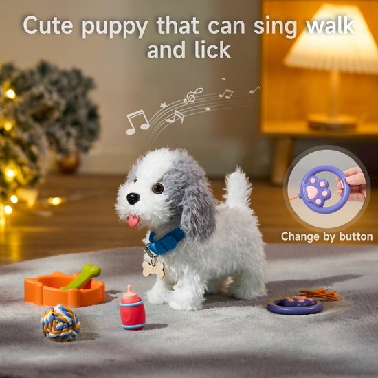 Interactieve Knuffelhond die Loopt en Blaft - Elektronische Puppy met Riem & Accessoires - Wandelende Speelgoedhond met Likfunctie & Geluid - Cadeau voor Kinderen 3-7 Jaar - Bruin Pluche — afbeelding 2
