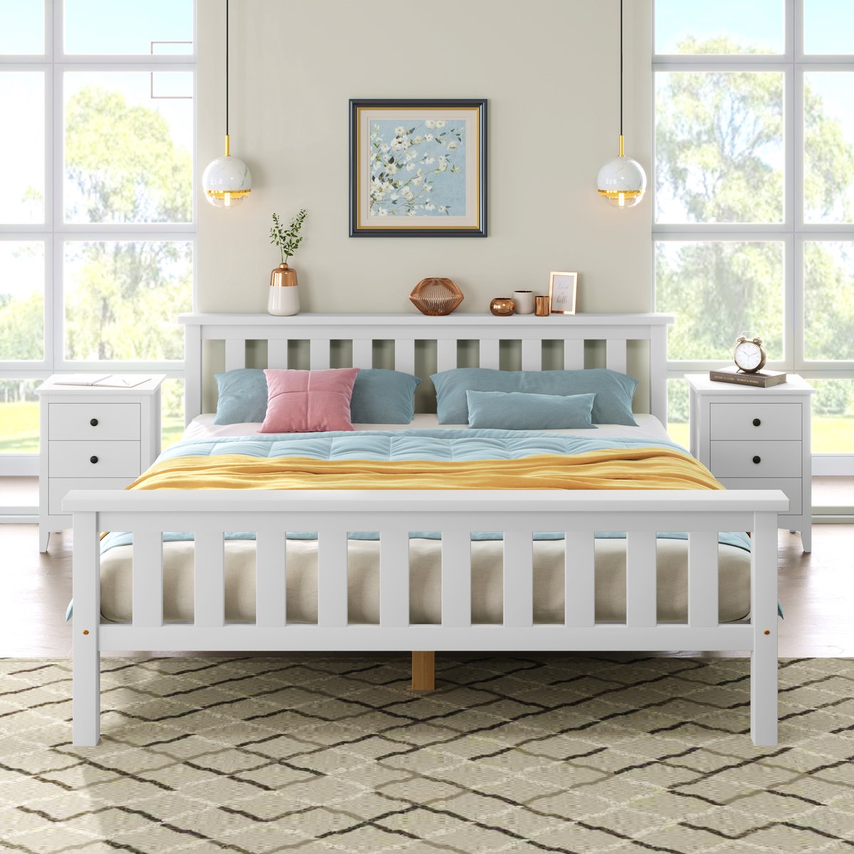 Wishdor Massief Houten Bed 140x200 cm - Scandinavisch Spijlen Design - Inclusief Lattenbodem - Twijfelaar - Wit