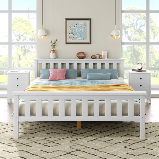 Wishdor – Tweepersoonsbed 140x200 cm – Massief Houten Frame – Inclusief Lattenbodem – Strak & Ruim – Wit