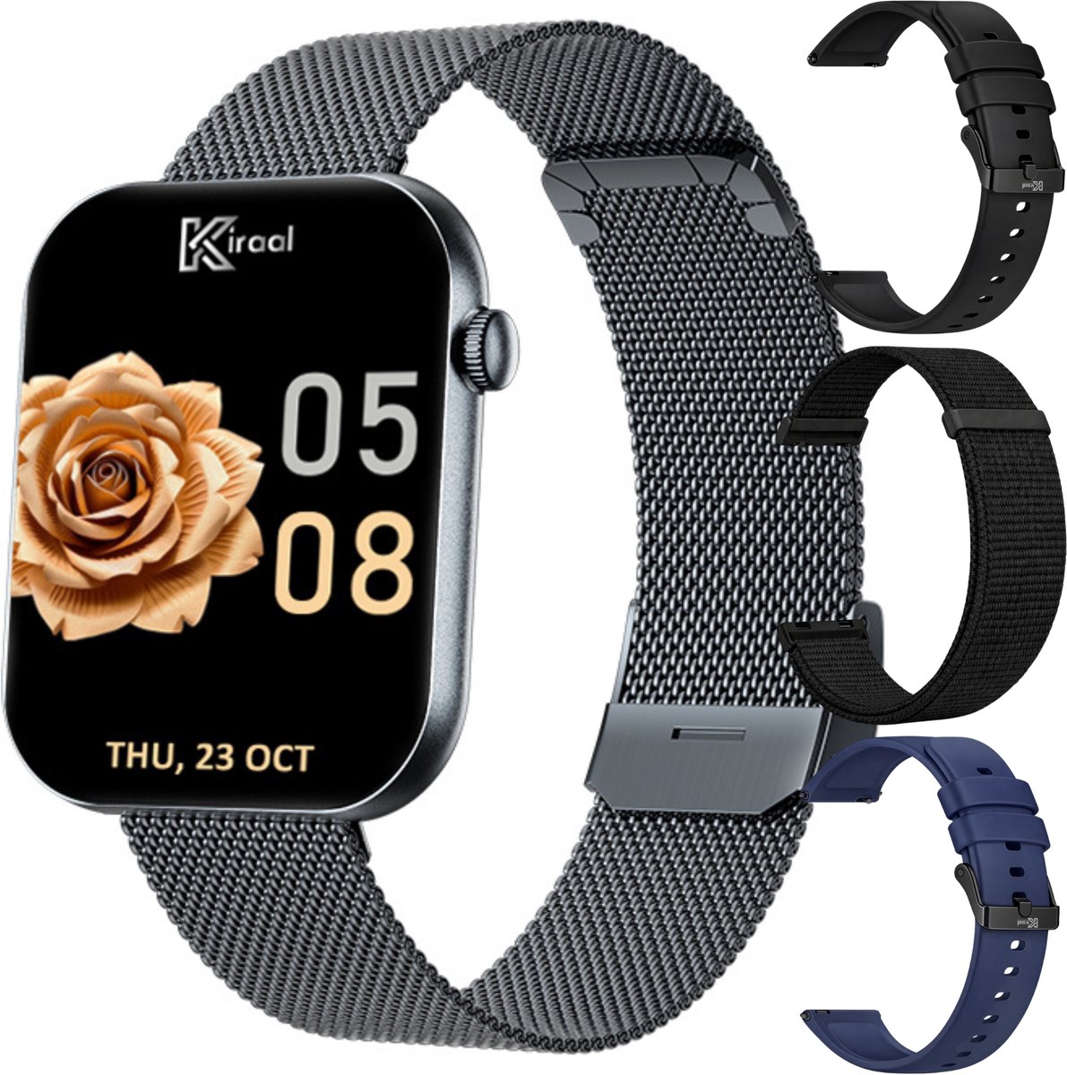 Kiraal Aura AMOLED Smartwatch voor Dames – 4 Bandjes (RVS, Nylon & 2x Siliconen) – Hartslagmeter – Stappenteller – Slaapmonitor – Multisport – Compatibel met Android & iOS – Zwart en Blauw