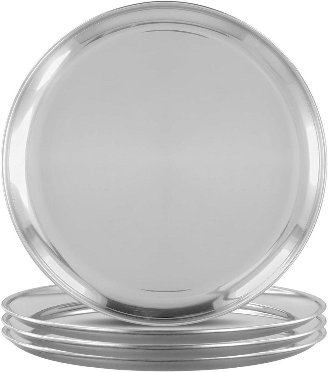 Set van 4 RVS Serveerplaten 30 cm - Stevige Metalen Borden voor Buiten en BBQ