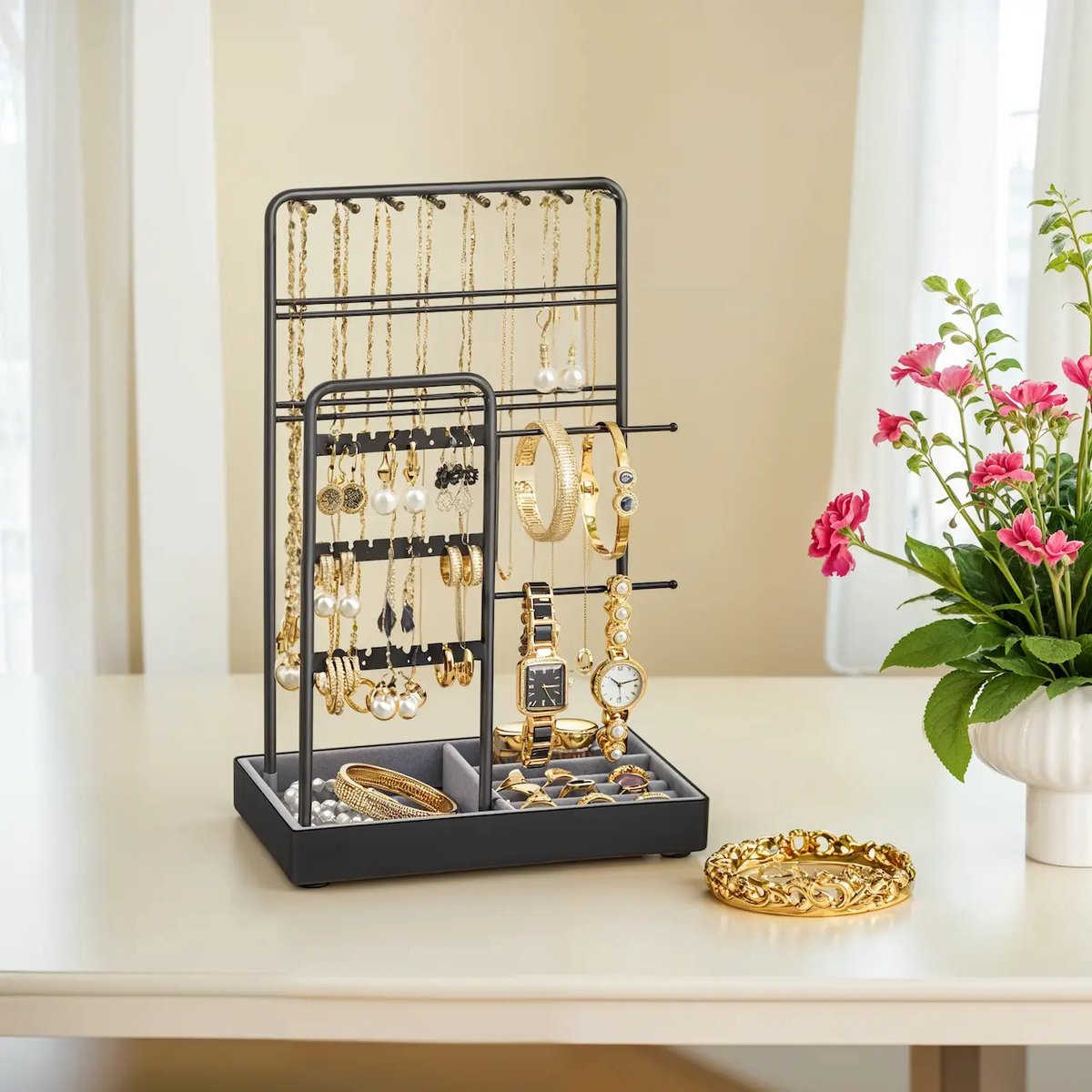 Sieradenorganizer – Metaal – Transparant – Multifunctionele displaystandaard met fluwelen dienblad