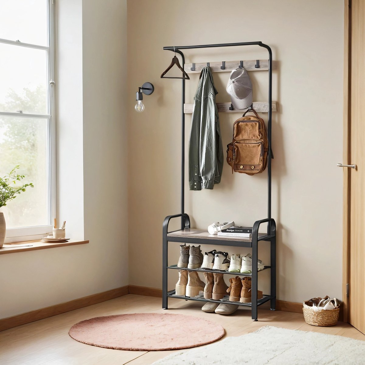 Kapstok met standaard – Metaal en hout – Grijsbeige en zwart – 4-in-1 met schoenenbankje en 9 afneembare haken