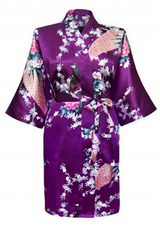KIMU® Kimono Paars Kort - Maat M-L - Yukata Satijn Boven de Knie - Korte Paarse Ochtendjas Japanse Kamerjas Sexy Satijnen Badjas Geisha Donkerpaars Festival