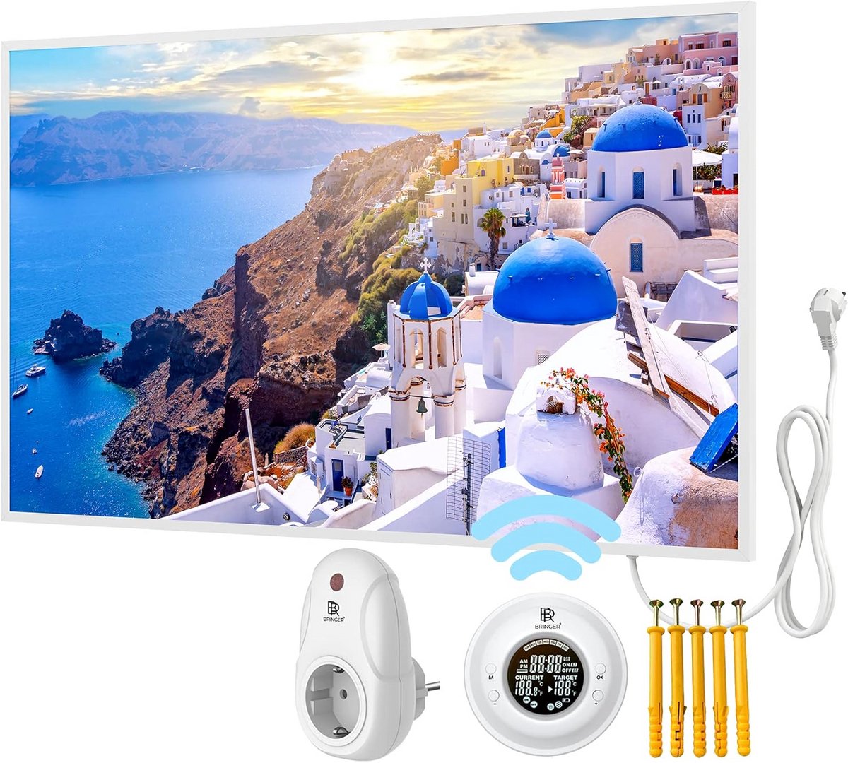 Infrarood Verwarming als Wandafbeelding met Frame - UV-print - 100x60 cm - Santorini Griekenland