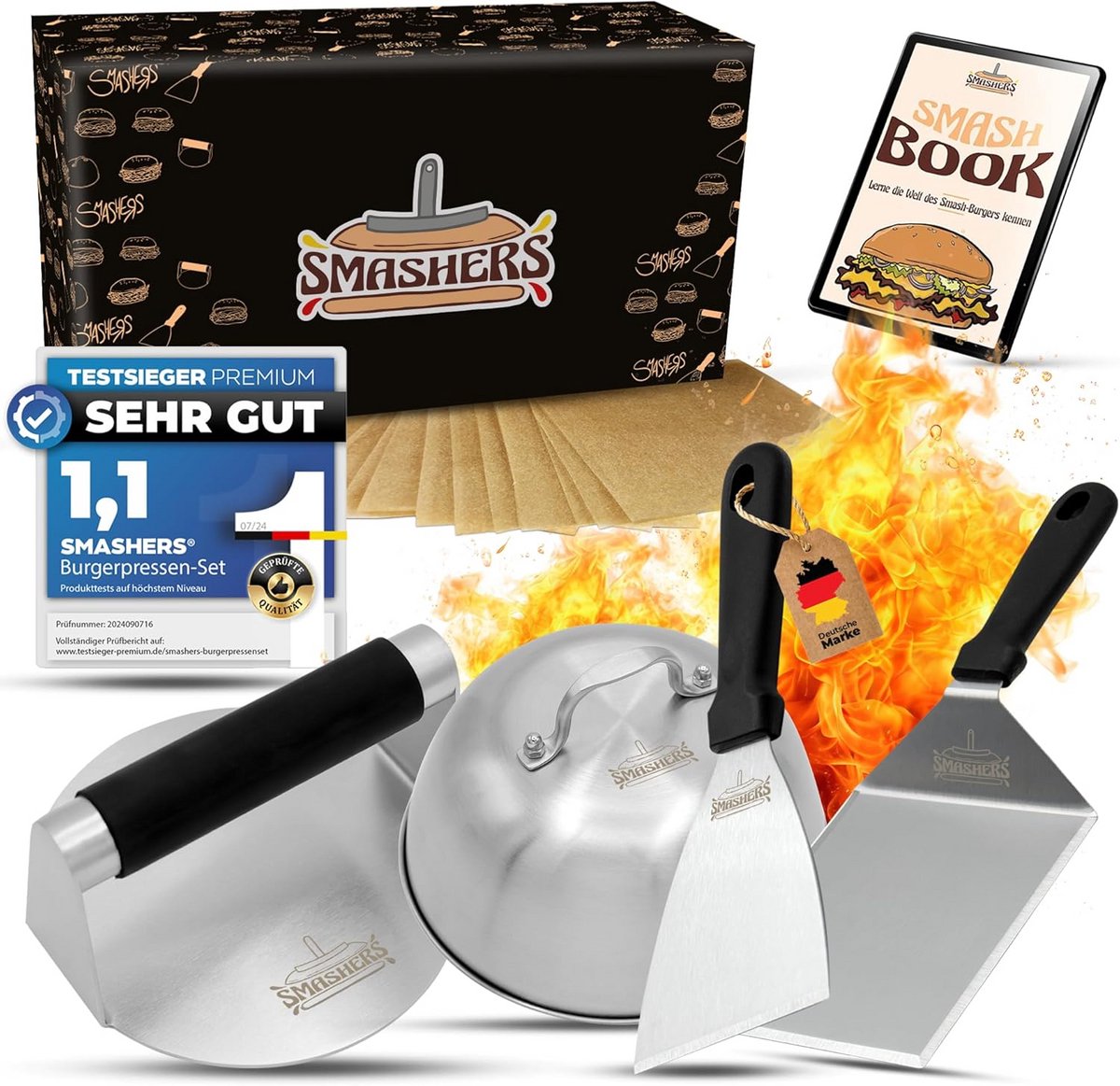 Hamburgerpers Set RVS - Inclusief Spatel en Deksel voor Perfecte Smash Burgers