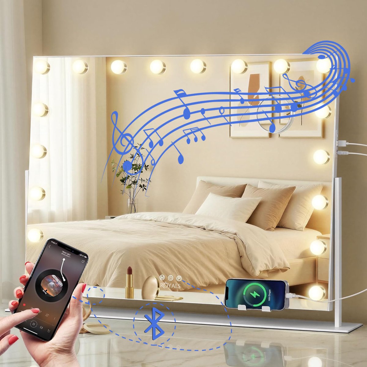 Royals Hollywood Spiegel 90x65CM - 360° Rotatie - met Bluetooth - 18x Led Lampen - USB + USB-C Oplaadpoort - 3 lichtstanden - Dimbaar - Smart Touch - hollywood spiegel met verlichting - Spiegel met verlichting - Make Up Spiegel - Visagie spiegel