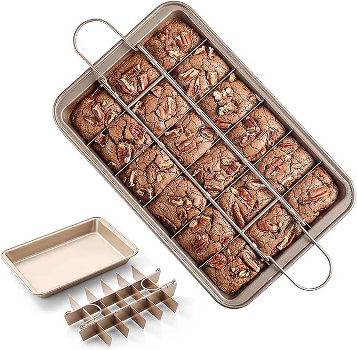 Brownievorm met tussenschotten, antiaanbak browniebakvorm, 18 voorgesneden bakvormen van koolstofstaal met handvatten, geschikt voor het bakken van brood in de oven, vierkante bakvorm voor het bakken van cakes, koekjes en muffins, 30,48 x 5,08 cm