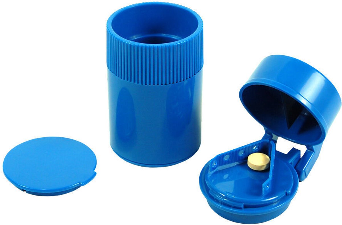 Tablettenvergruizer, -snijder en -vermaler met 3 compartimenten; blauw; afneembaar.