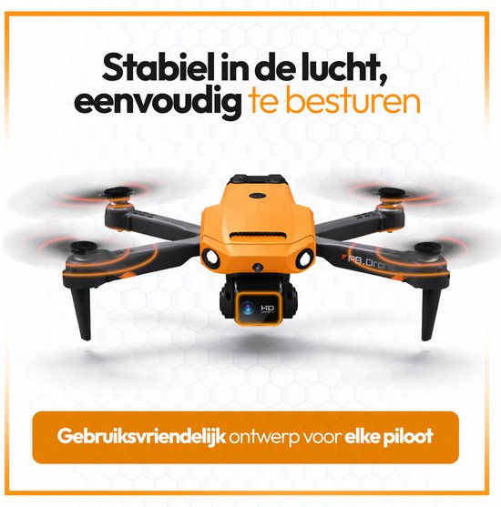 Oranje drone met zwart en oranje accenten in de lucht met draaiende propellers. Gebruiksvriendelijk ontwerp.