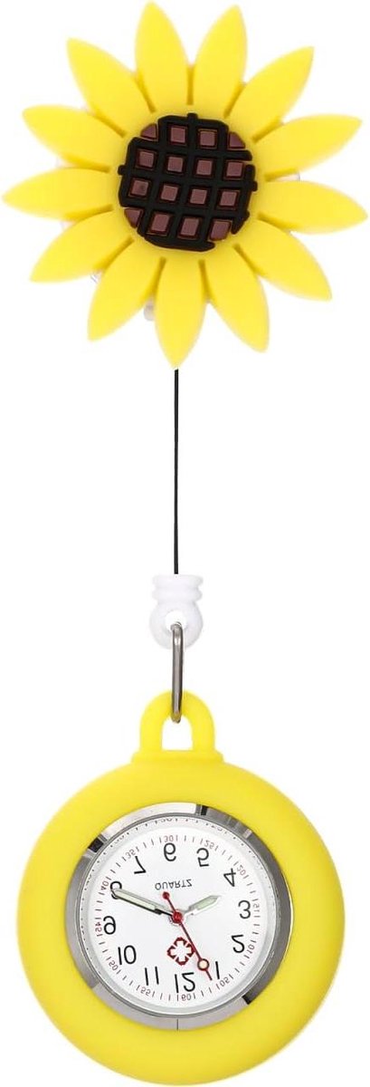 Verpleegkundige Fob Horloge met Zonnebloemdesign - Lichtgevende Handen - Geel - Clip op Verpleegster Horloge - Moderne Stijlvolle Accessoire - Geschikt voor Verpleegkundigen - Afmeting 10x4.5CM