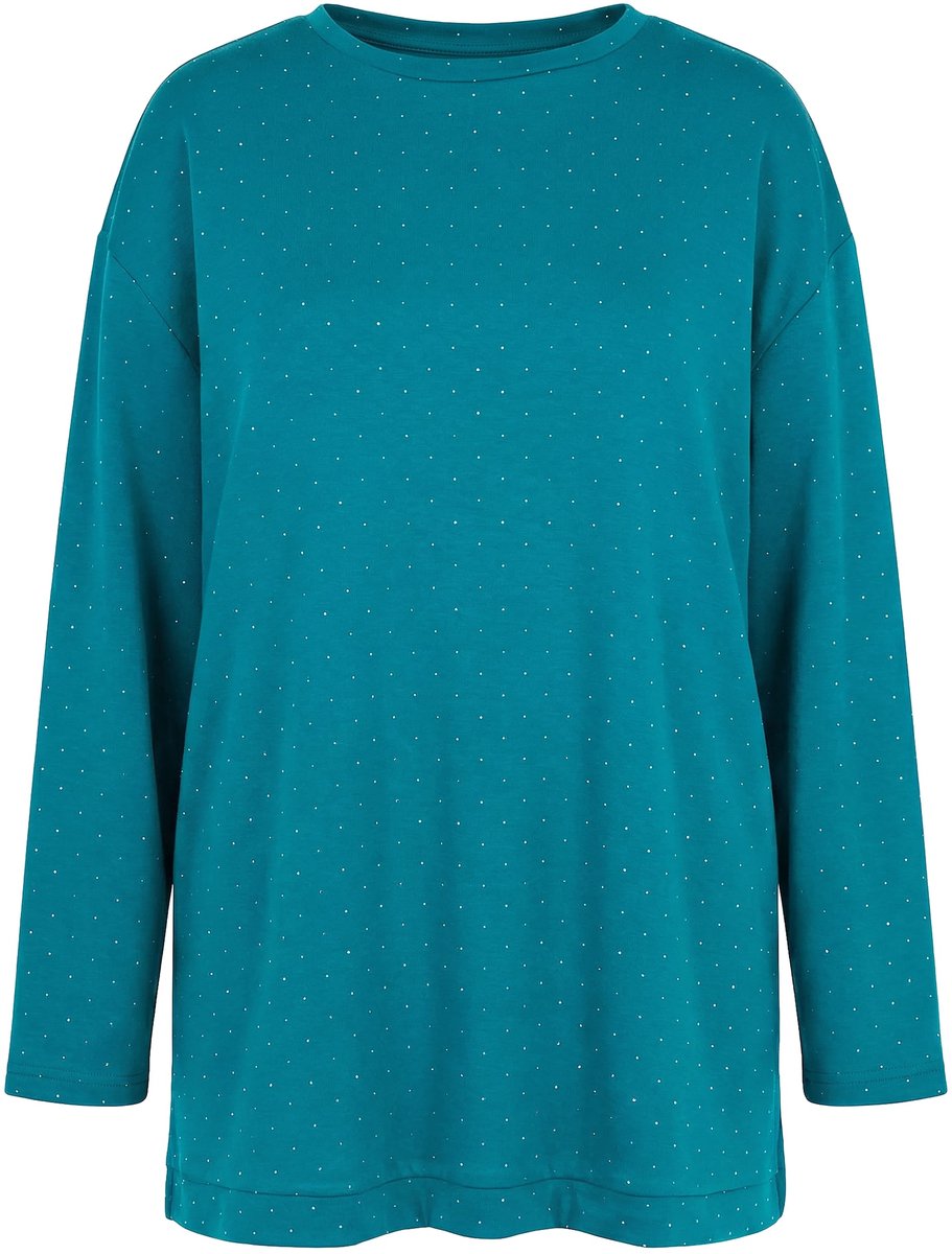 MIAMODA - Dames - Sweatshirt Boxy Fit scuba-sweatstof glittersteentjes - Groenblauw - Maat 60