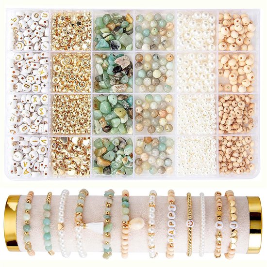 1300 Stuks Kralenset voor sieraden - DIY Armband & Sieraad Set met Natuurstenen Kralen- Knutselen Meisjes - Bedels – Letterkralen - Letterkralen - Kralen ketting - set met gouden kralen & alfabetkralen - LOUZIR