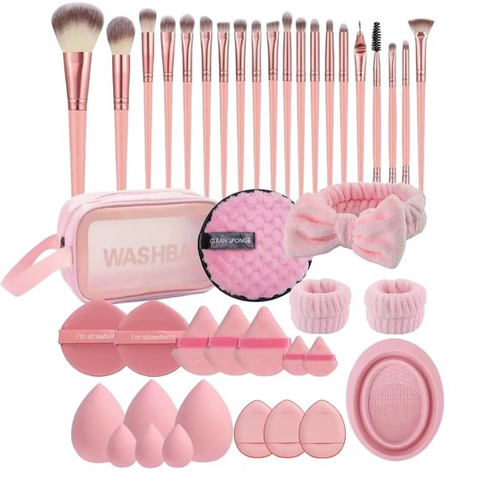 Trendy/beauty lover vibe - Complete 46 Delige Beauty Make-up-set-Kwasten- Blenders & cleaning tool- Sponsjes & Accessoires - inclusief Etui - Roze