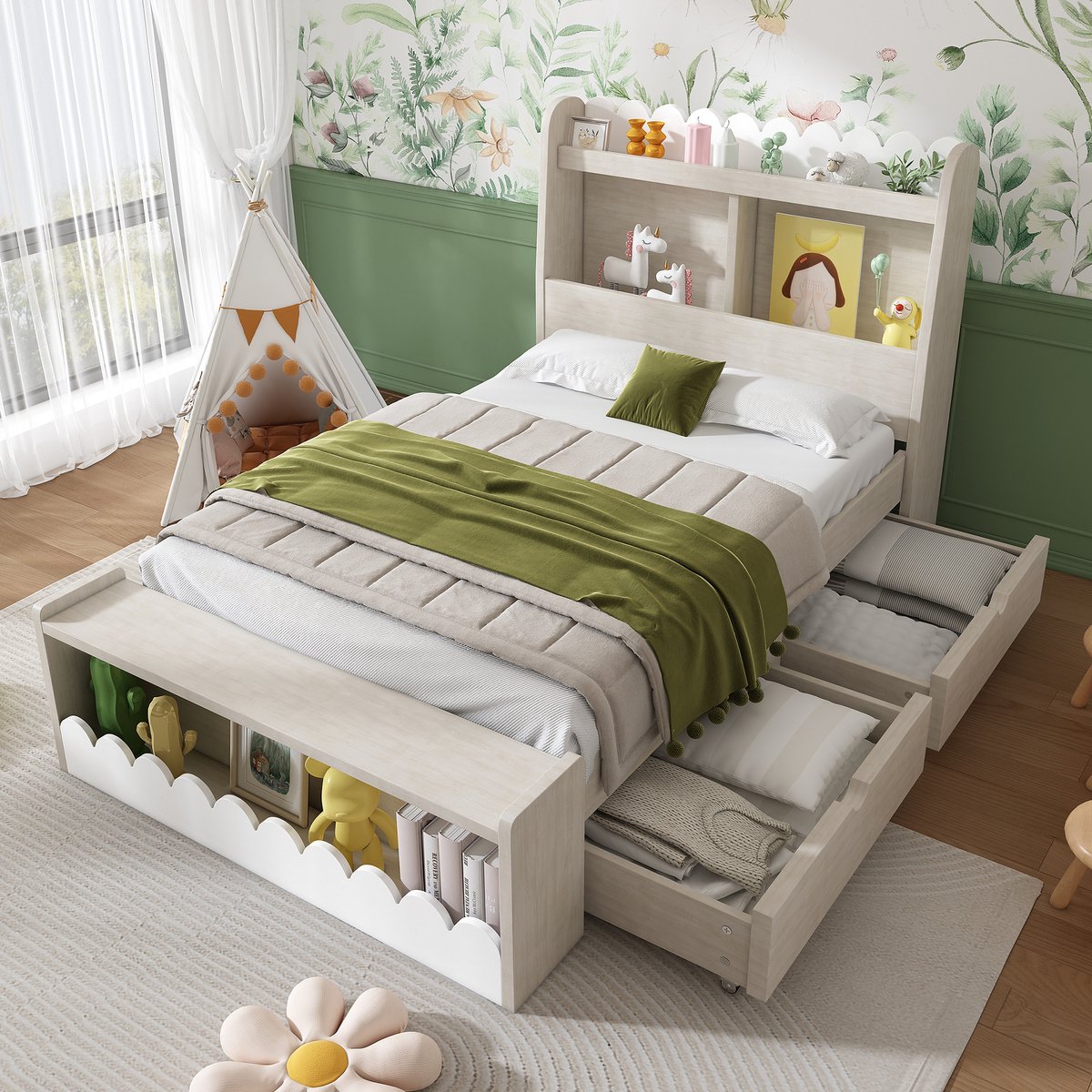 Wishdor Kinderbed 90x200 cm – Met 2 Lades, Planken & Zitbank met Opbergruimte – Compleet & Speels – Massief Hout & MDF – Wit en Licht Eiken
