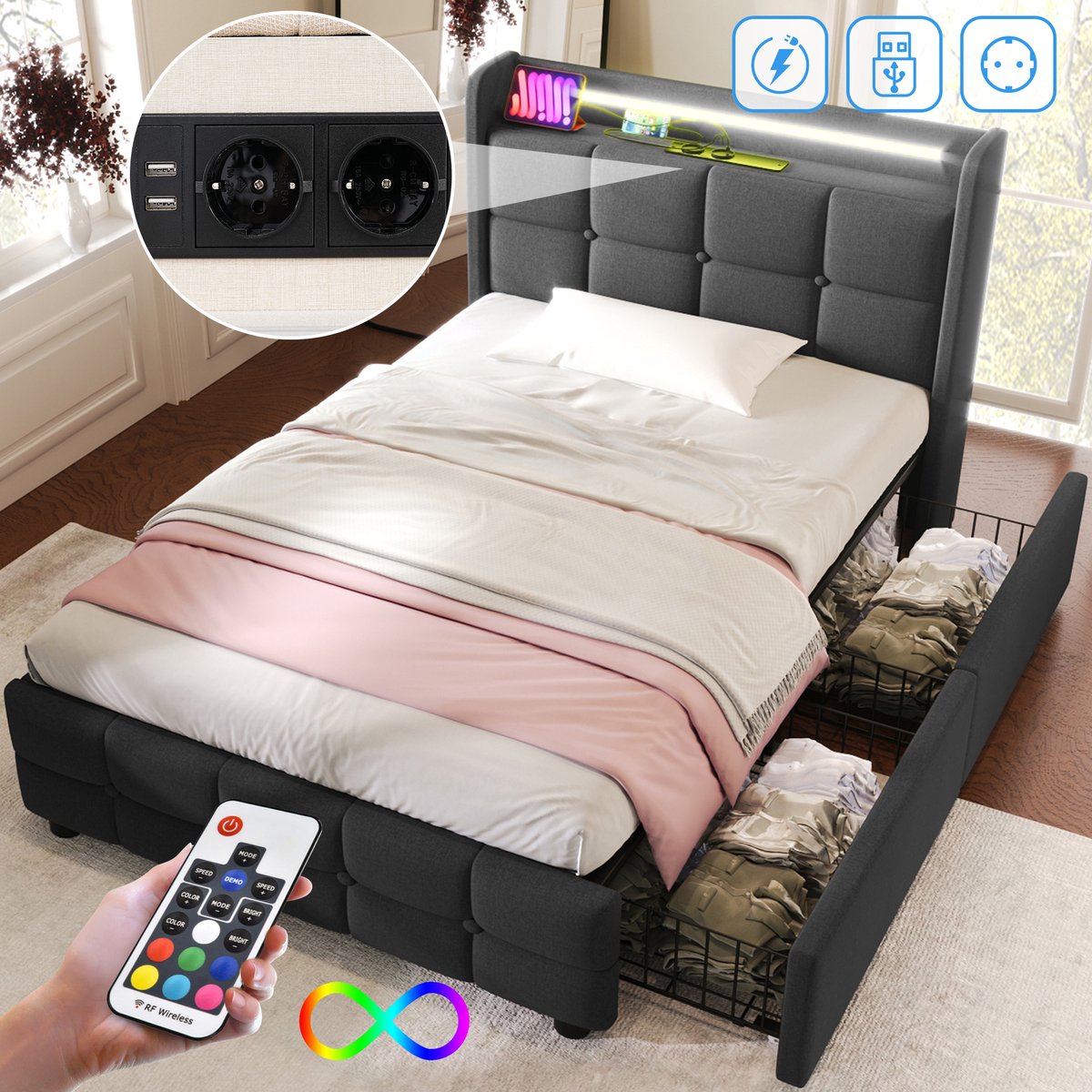 Gestoffeerd Eenpersoonsbed - 90x200 - Met LED, USB Opladen + 2 Lade - Houten Lattenbodem - Grijs - Zonder Matras