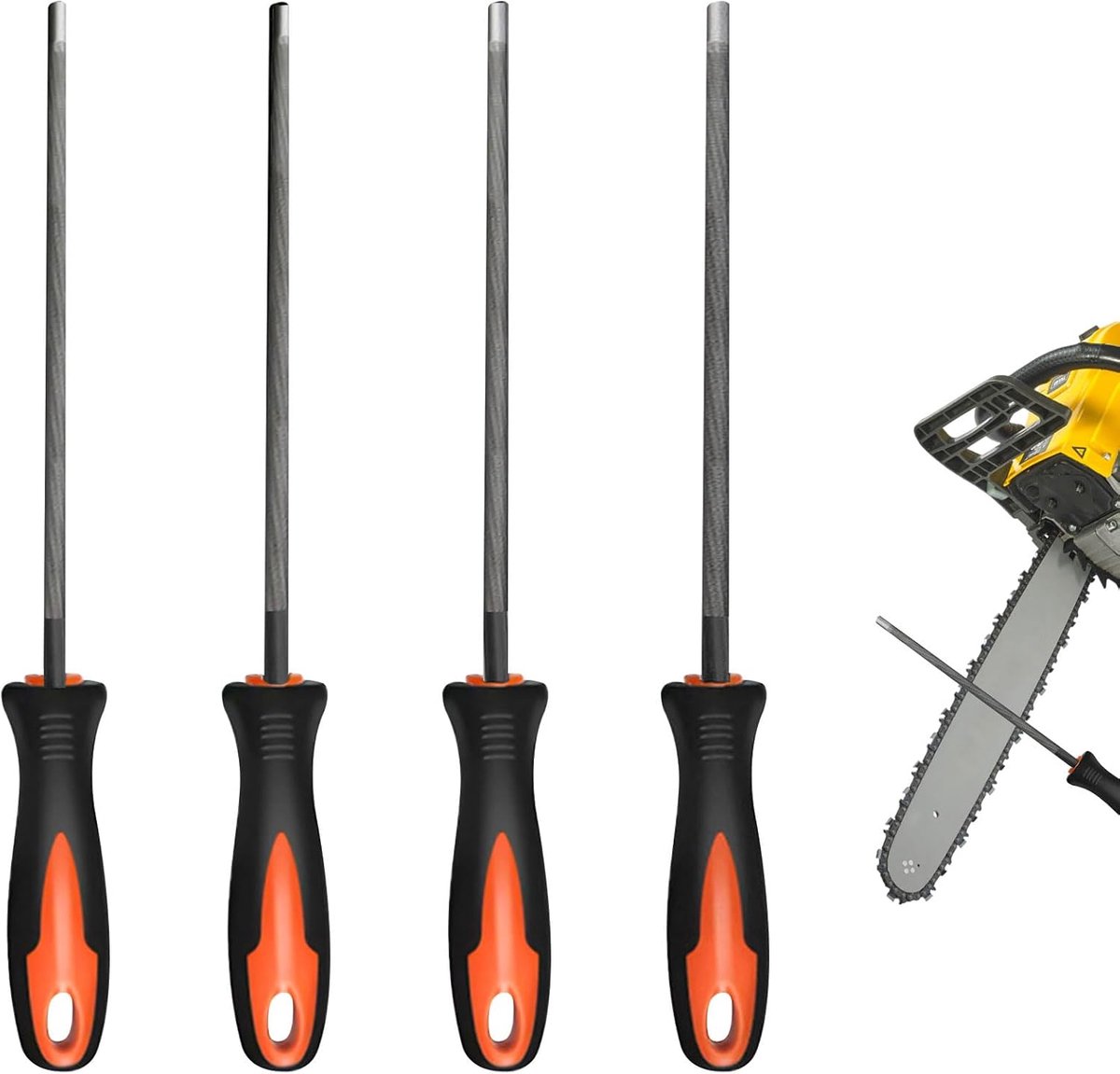 4-Delige Zaagvijlenset met Handvat - Vijlen voor Kettingslijpen Ø 3.2mm t/m 5.5mm
