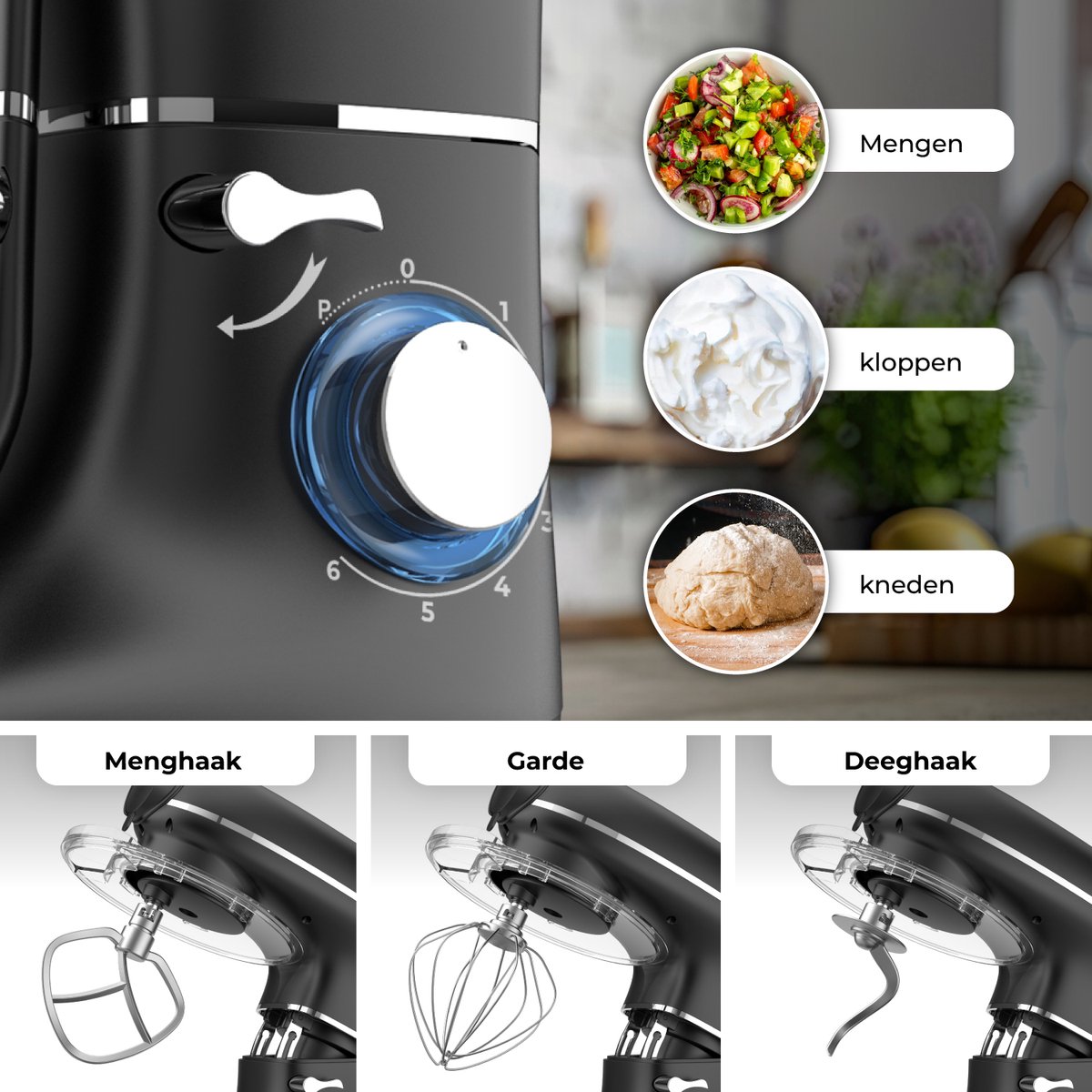 Fentic Keukenmachine – 2000W – Keukenrobot – Foodprocessor - 6,2L Mengkom – Incl. Vleesmolen, Blender en extra Accessoires – Zwart — afbeelding 5