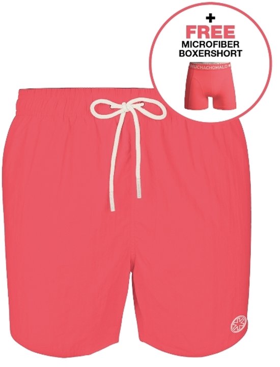 Roze zwembroek met crème trekkoord en logo. Gratis microvezel boxershort in cirkelvormige bubble.