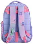 Achterkant van een paarse rugzak met roze banden, ster- en kersendecoratie. Tekst 'Not Your Bag!'
