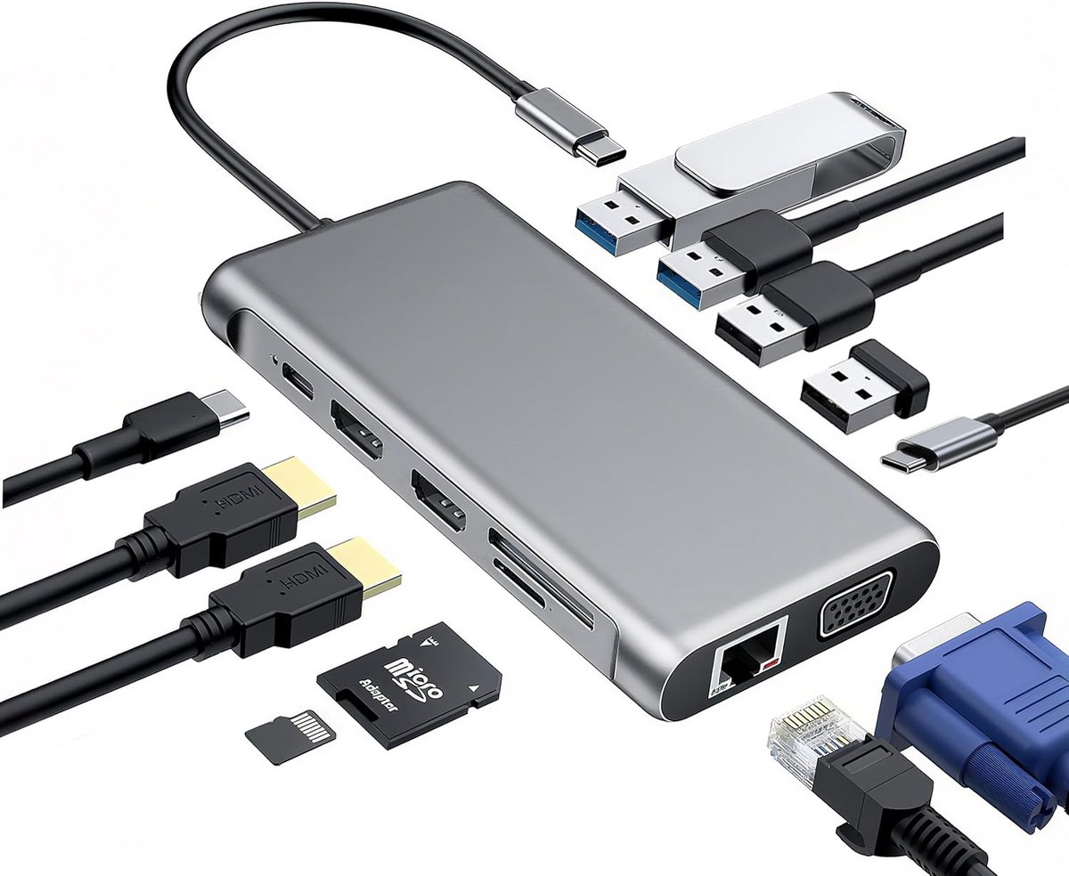 12-in-1 USB-C Dockingstation met Dubbele HDMI 4K 60Hz en 100W Power Delivery