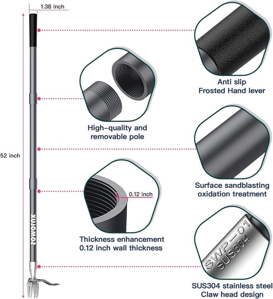 Onkruidtrekker Tool Stand-up Onkruid Remover-52 Inch met Metalen Handvat-Roestvrij Stalen Klauw-Tuinieren Handmatig Gereedschap-Buigen Knielen Niet Nodig-Paardebloem Verwijderaar van Walensee — afbeelding 4
