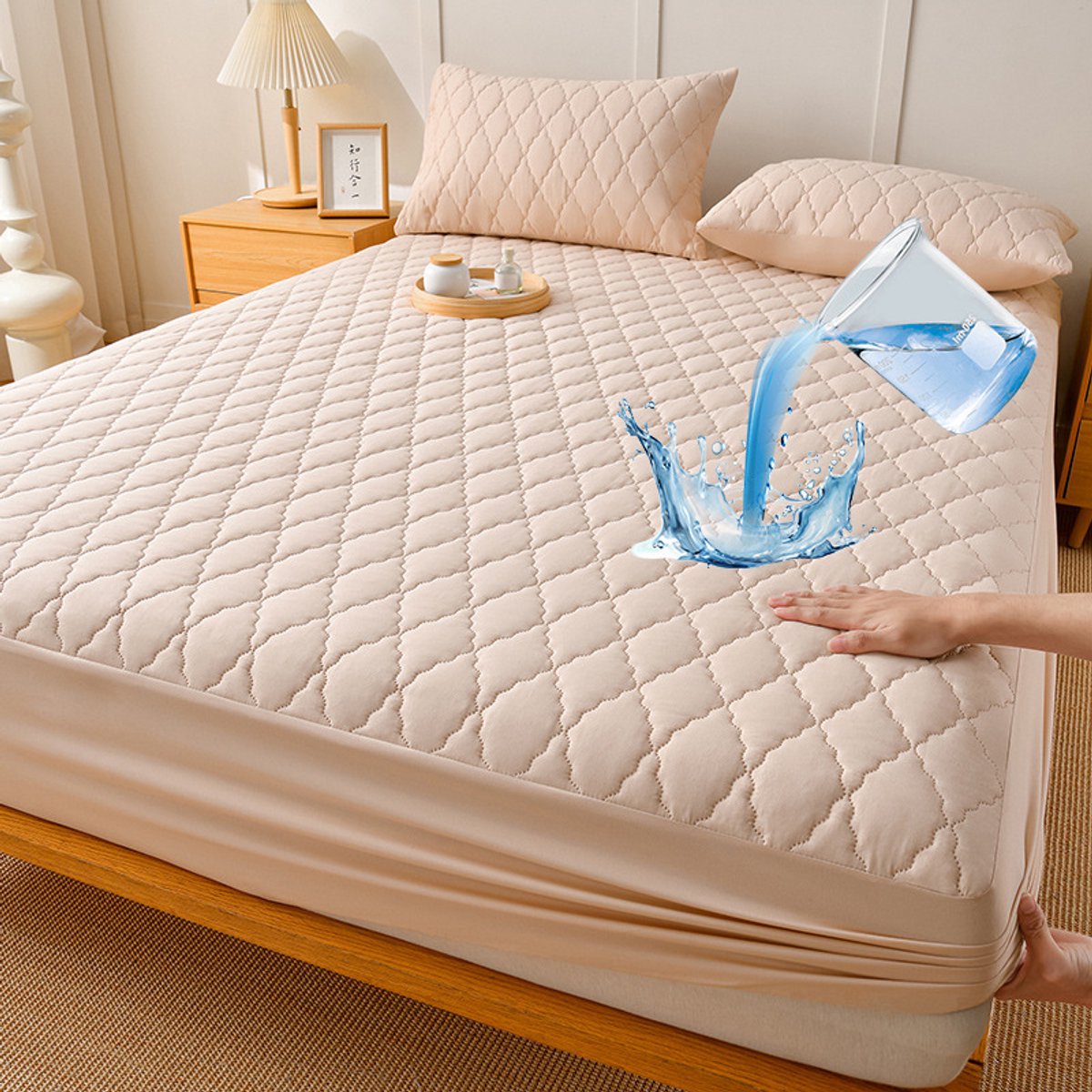 Waterdichte matrashoes en kussensloopset, matrasbeschermer, waterdicht TPU-membraan, eenvoudig te installeren, ademend en elastisch, zacht en comfortabel, wasbaar,Khaki,120x200cm