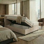 Mörgenn Opbergboxspring Havn - 900 Liter Opbergruimte - Beige - 90x200 cm - Met Suprême Matras - Inclusief Dekbed en Kussens