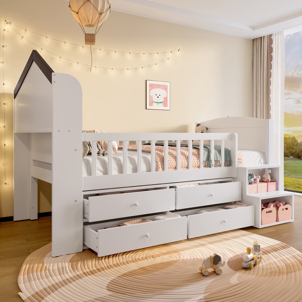 Wishdor Halfhoog kinderbed 90x200 cm - Huisvorm met raam & ledverlichting - Opbergladder & 4 lades - Grenenhout - Wit - Magische kinderkamer