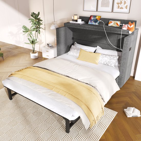Wishdor – Kastbed 140x200 cm – Lade, USB-C & opbergvak – Linnen en MDF – Grijs – Een ruimtewonder voor de kleine kamer of studio